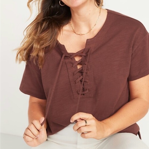 Loose Slub-Knit Lace-Up Top‎ ** Root Beer** - Picture 1 of 9